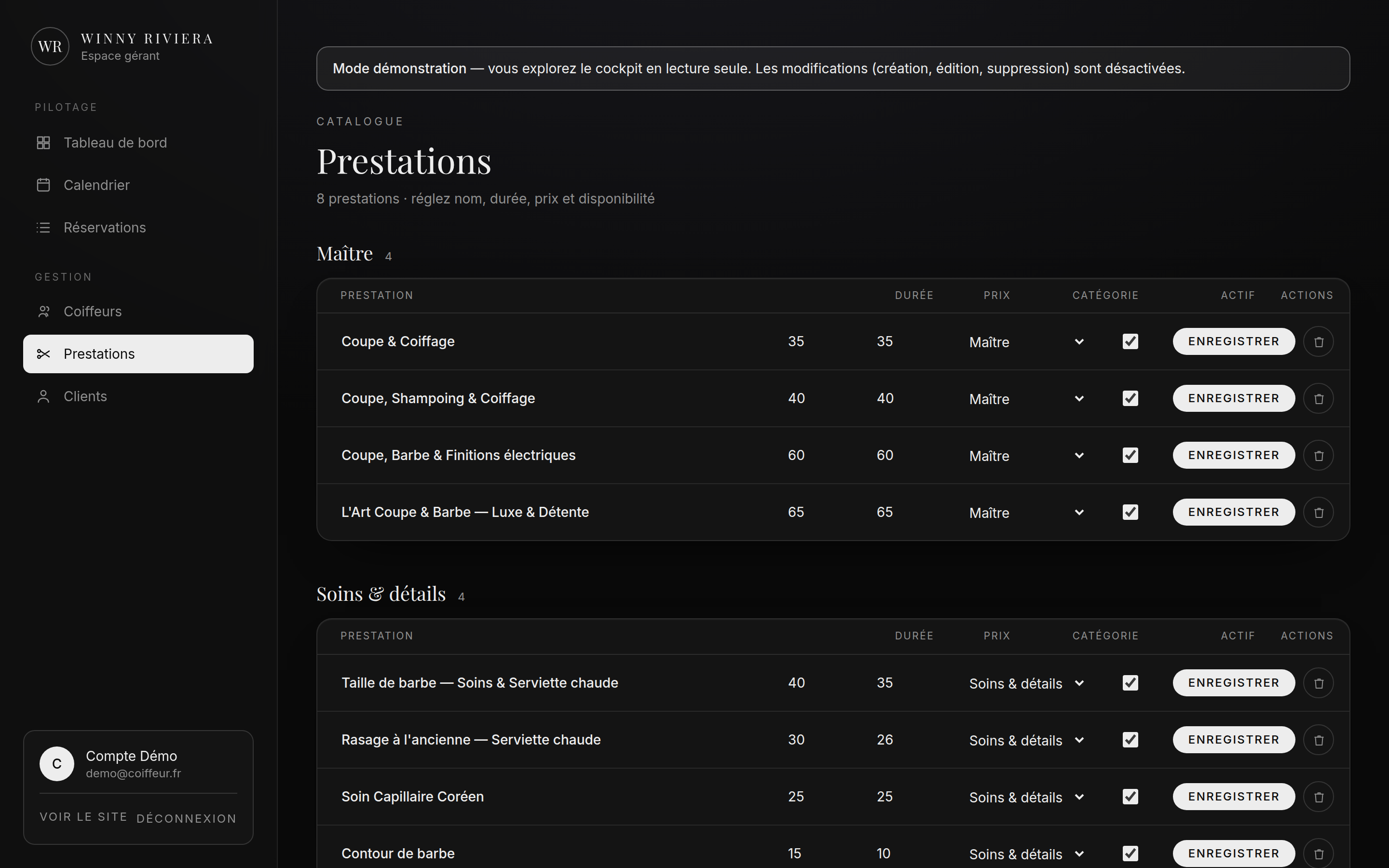 Plateforme coiffure — gestion des prestations